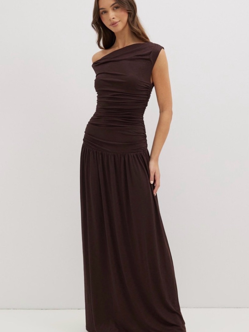 One-Shoulder Ruched Maxi Dress in Dark Brown